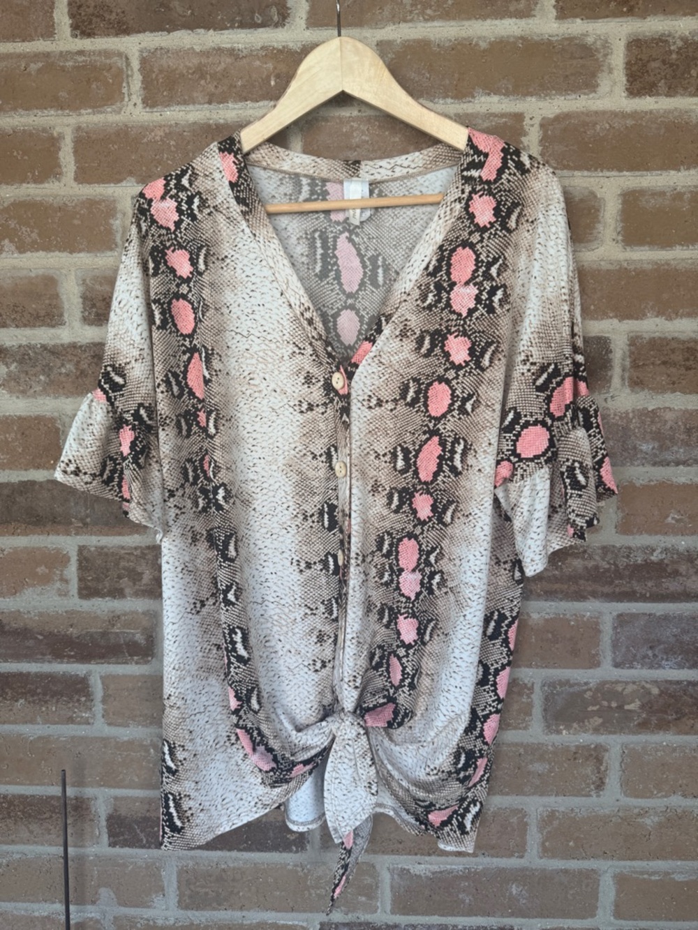 Lily Pink and Beige Snake-Print Tie-Front Blouse